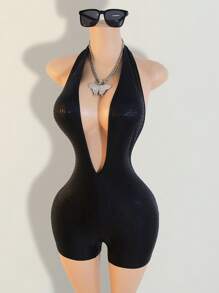 Mono de verano sin mangas ajustado y versátil con estampado de leopardo y escote en la espalda en V profunda para mujer - Negro - Ver 6