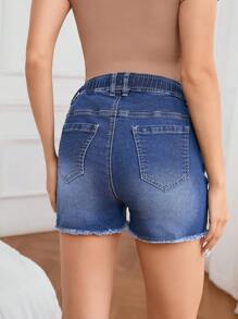 SHEIN Maternity Summer Casual Distressed Fringe Drawstring Waist Denim Shorts - Medium Wash - View 2