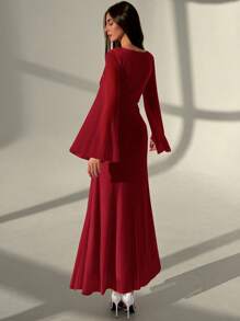 Aloruh Square Neck 3D Floral Bell Sleeve Long Fish Tail Romantic Date Dress For Women - Burgundy - View 2