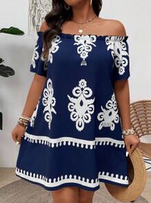 SHEIN Clasi Vestido con hombros descubiertos, mangas cortas, volantes y estampado floral para mujer de talla grande - Azul - Ver 5