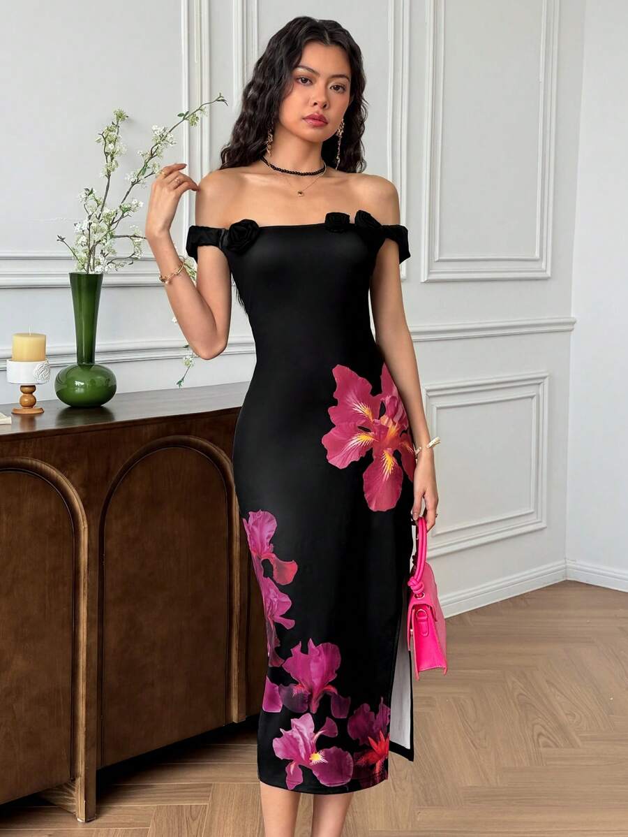 EastFlair Women's Floral Print Off Shoulder Fitted Midi Dress With 3D Flower Decor, Suitable For Vacation - Black - View 1