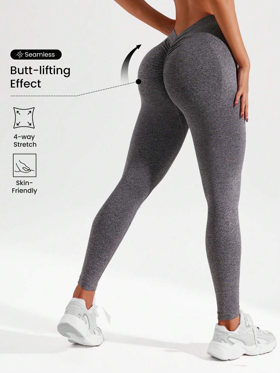 Easithlete 女款纯色褶皱后背运动紧身裤瑜伽裤 - 深灰色 - 查看 1