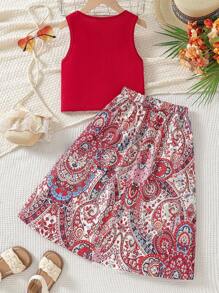 SHEIN 2pcs/Set Tween Girl Holiday Graphic Print Racerback Tank Top And Skirt Two Pieces Set,Summer,Travel - Red - View 2