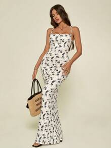 SHEIN Tall Women's Plunging Collar Large Backless Holiday Printed Knitted Long Dress - Beige - View 7