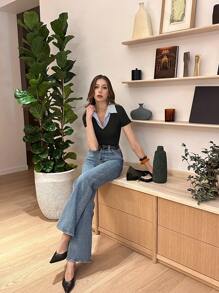 Pariaura Body de manga corta con cuello para mujer en color negro, para primavera