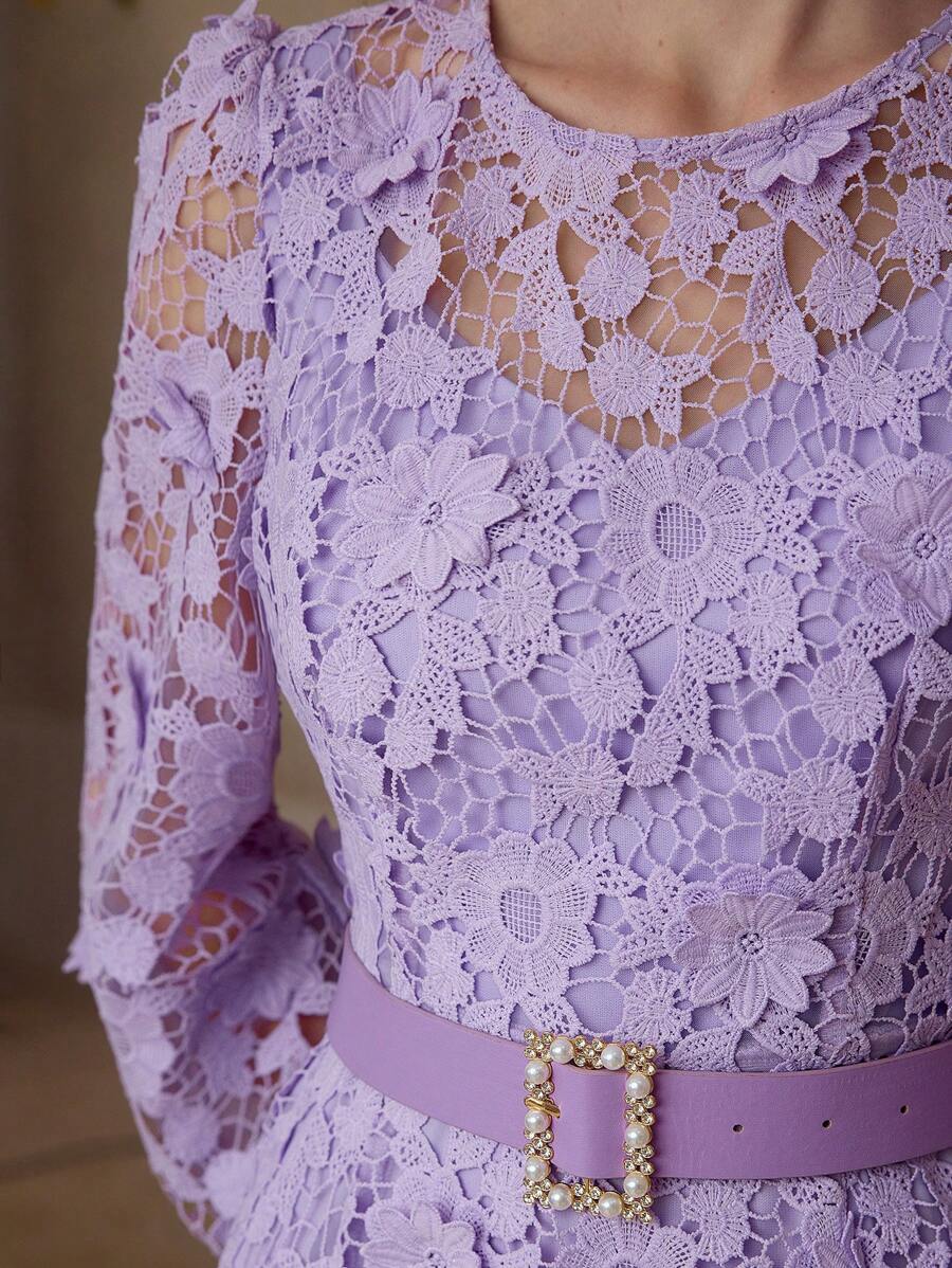 MOTF PREMIUM ROMANTIC LACE LANTERN SLEEVE MERMAID HEM DRESS - Purple - View 2