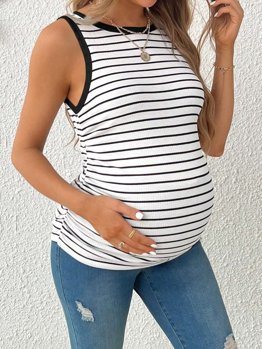 SHEIN 孕妇夏季休闲条纹褶皱修身吊带背心 - 黑與白 - 查看 1