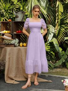 Aveloria Rosie 女式方领泡泡袖修身喇叭裙，带拼接细节度假装，女士波西米亚海滩时尚风格，夏季