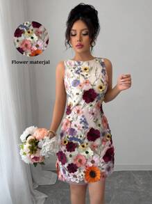 Rafferiza Women's Elegant Floral Fitted Mini Dress, Sleeveless Round Neck