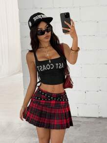 StreetHx Blusa de estilo callejero para mujer con estampado gráfico de letras en punto negro, diseño con cordón a la cintura y cuello cuadrado - Negro - Ver 4