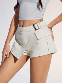 SHEIN EZwear Women's Simple Solid Color Wrap-Around Front Pocket Denim Shorts For Summer - Apricot - View 6