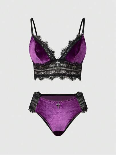 ROMWE Gothic Velvet Lace Triangle Cup Bra & Thong Panty Set, For Valentine's Day