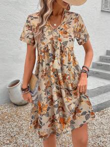 SHEIN LUNE Vestido curto casual feminino com estampa floral e decote em V e manga curta para férias - Damasco - Ver 3