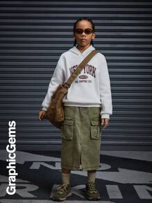 SHEIN Explorewe Tween Girl Letter Print Long Sleeve Hooded Sweatshirt With Stylish Design - White - View 8