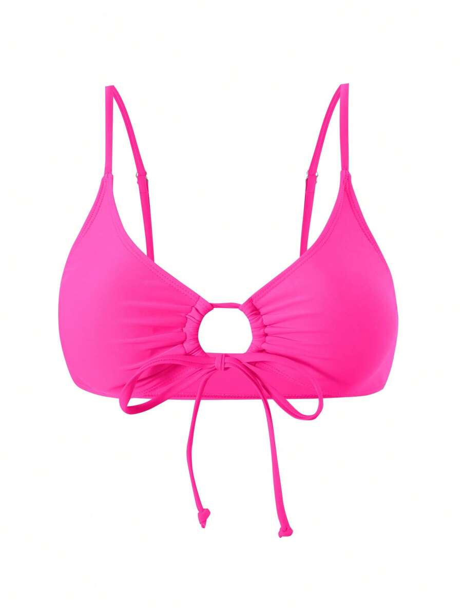 Swim Mod Women Beach, Simple Solid Color Front Tie Bikini Top For Vacation & Leisure For Summer - Hot Pink - View 1