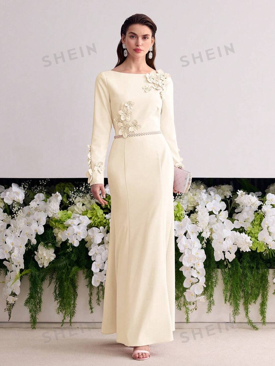 MOTF Soiréza VESTIDO CON PARCHES FLORALES DE CORTE SESGADO - Albaricoque - Ver 1