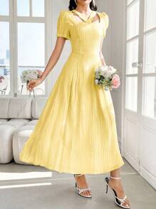 Modelyn French Style Square Neck Bishop Sleeve Pleated Women's Dress - Yellow - View 5