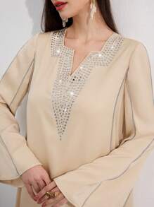 Al Najma Women's V-Neck Loose Long Sleeve Rhinestone Decorated Arabic Style Dress, Modest - Apricot - View 1