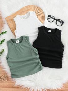 3pcs/Set Young Girl Solid Color Crewneck Fitted Casual Pleated Sleeveless Top - Multicolor - View 1