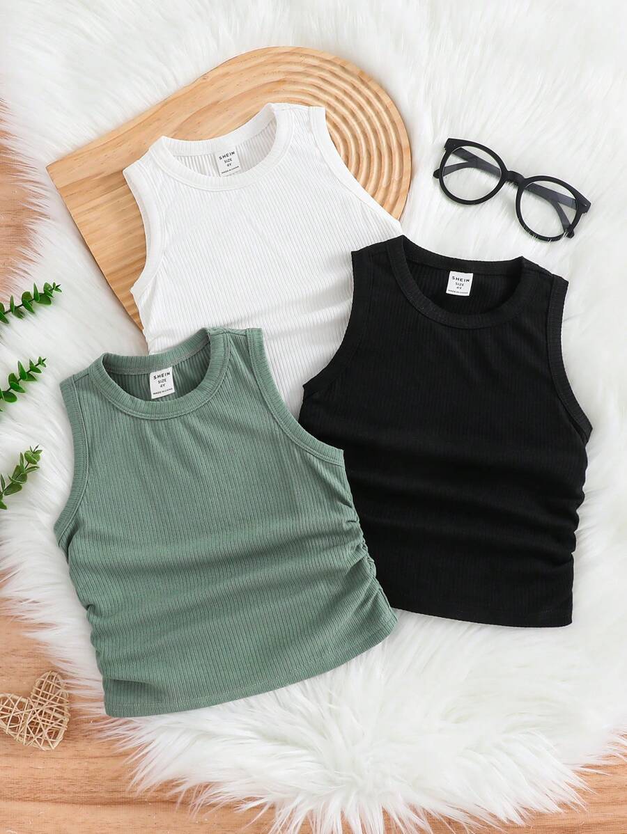 3pcs/Set Young Girl Solid Color Crewneck Fitted Casual Pleated Sleeveless Top - Multicolor - View 1
