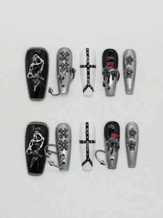 Goth 10 pezzi Unghie finte stile punk gotico con decorazione a catena a forma di stella e teschio + 3 pezzi Nastro biadesivo, Adesivi per unghie rivestiti in argento rimovibili con rivetti unici, adatti per festival, feste, balli e uso quotidiano, Ognissanti