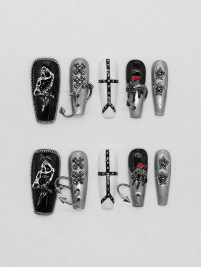 10pcs Black Punk Gothic Style Star And Skull Claw Chain Decor DIY False Nails + 3pcs Double-Sided Adhesive Tape, Removable Unique Rivet Piercing Silver Hand Painted Nail Art Stickers, Suitable For Festivals, Parties, Dancing And Daily Wear, Halloween