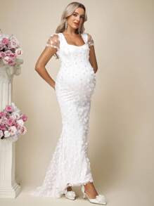 SHEIN 孕妇优雅心形领花卉贴花网眼短袖连衣裙 - 白色 - 查看 1