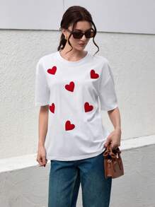 EURMUSE Casualowa koszulka z krótkim rękawem w kontrastowym kolorze z haftowanym sercem, lato