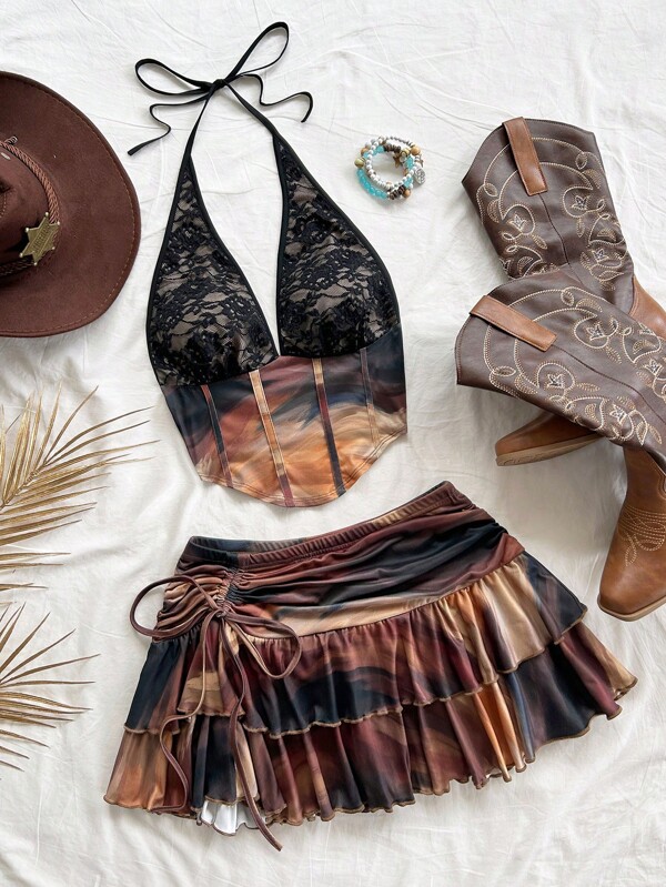 Soleia 2 件套渐变色印花露背系带前短款上衣和迷你裙海滩度假装