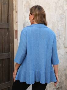SHEIN LUNE Three-Quarter Sleeves Cropped Casual Cardigan Plus Size Jacket - Blue - View 2