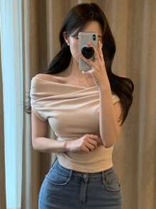 DAZY Women Solid Color Off-Shoulder Short Sleeve T-Shirt, Spring/Summer,Off Shoulder Top Going Out Tops Women - Apricot - View 5