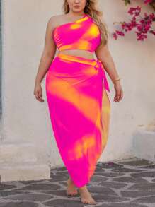 Swim Oasis Conjunto de 3 piezas para mujer talla grande Oasis: Blusa de hombro recogida con estampado de degradado amarillo, pantalones de cintura alta, falda con superposición de malla con estampado de degradado, conjunto de playa de verano para vacaciones