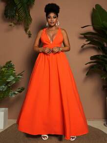 Maweii Plus Size Women's Solid Color Deep V-Neck Spaghetti Strap Tie Waist Ruffle High Waist Beach Dress, Spring/Summer New - Orange - View 6