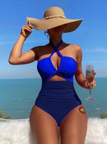 SHEIN Swim Women's Vacation Contrast Color Criss-Cross Hollow Sexy Halter One-Piece Swimsuit - Multicolor - View 1