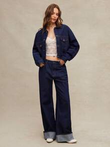 WESTFADE Mid Rise Loose Fit Straight Leg Western Cowgirl Casual Cute Denim Jeans For Spring Summer Vacation - Dark Wash - View 3