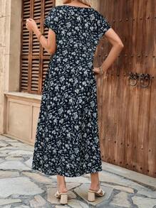 EMERY ROSE Women's Holiday Floral Print Round Neck Short Sleeve Casual Dress - Black - View 2