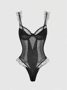 ROMWE Goth 深色哥特式浪漫蕾丝提花荷叶边波尔卡圆点格子蝴蝶结钢圈紧身衣 - 黑與白 - 查看 2