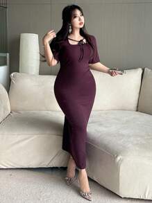 Dazy Plus Solid Dark Purple Square Neck Tie Waist Dress