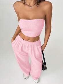 SHEIN PETITE Women's Solid Color Casual Trousers Two Pieces Set - Pink - View 7