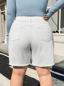 SHEIN EZwear 大码休闲纯色破洞牛仔短裤 - 白色 - 查看 5