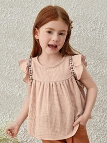 SHEIN Blus Anak Perempuan Gaya Prancis Elegan dengan Hiasan Pita Aprikot, Lengan Berkerut, Leher Bulat, Musim Semi & Musim Panas - Khaki - View 3