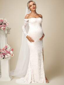 SHEIN Elegant Pregnant Off Shoulder Solid Color Lace High Slit Mermaid Wedding Dress With Train, Elegant Maternity Dress