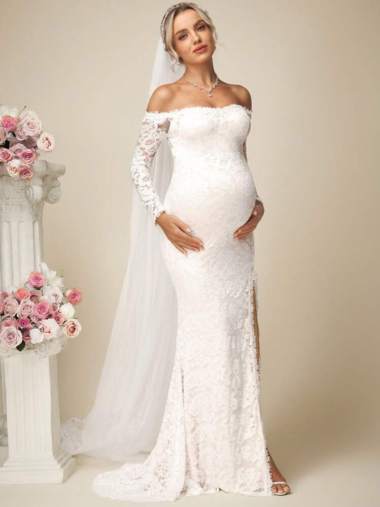 SHEIN Elegant Pregnant Off Shoulder Solid Color Lace High Slit Mermaid Wedding Dress With Train, Elegant Maternity Dress - White - View 4
