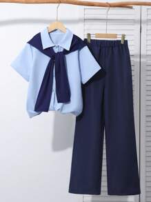 青少年/少女度假休闲风格粉色短袖衬衫 + 直筒裤 - 藍色 - 查看 1