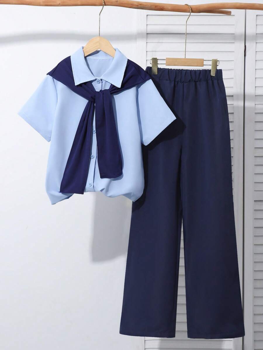 青少年/少女度假休闲风格粉色短袖衬衫 + 直筒裤 - 藍色 - 查看 1