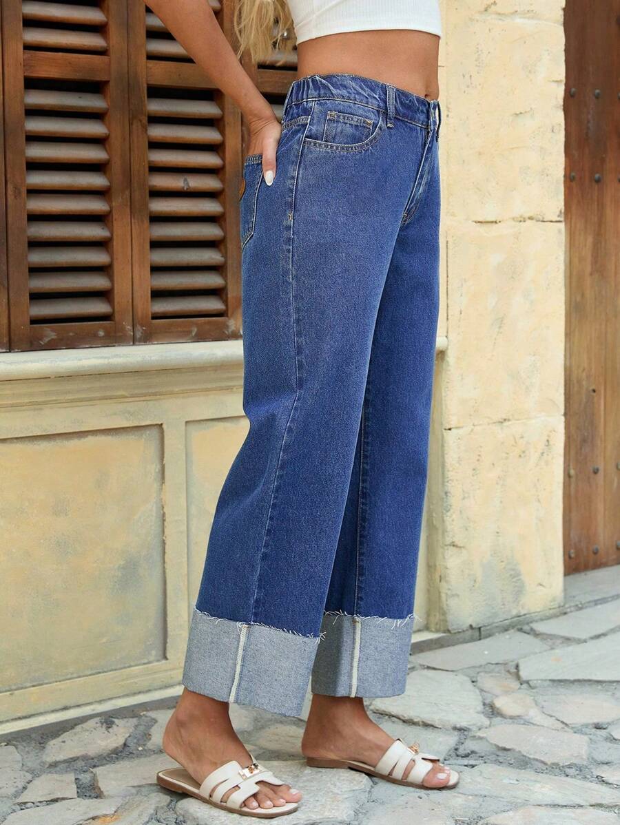 Breezaya Women's Casual Cropped Denim Jeans: Cuffed Hem, Zipper Detail, Blue Wash - Blue - View 1