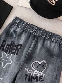 2 件装女婴春夏黑色短袖 T 恤和黑色牛仔裤，可爱风格母女搭配服装（2 件套，单独出售）