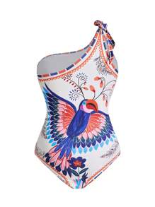 Swim Oasis 2 pezzi/set Costume da bagno monospalla con stampa casuale e coprispalle lungo abbinato per taglie forti, set da bagno casual e alla moda per vacanze