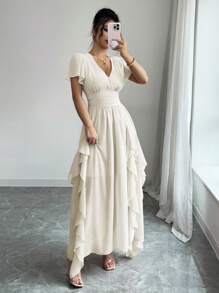 Rafferiza Elegant Ruffle Hem Fit & Flare Dress With Slim Design, French Style - Apricot - View 5