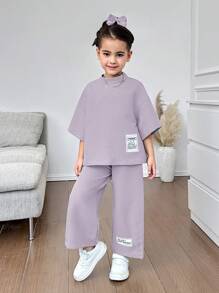 SHEIN Young Girl 2 Pieces Set: Woven Solid-Color Mock Neck Top And Ankle Length Pants - Purple - View 2